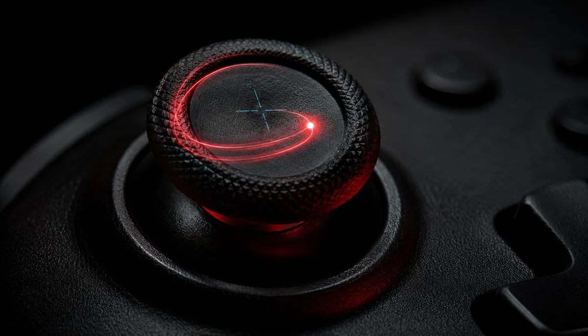 A game controller held in both hands beside the JoyCheck readout during a controller vibration test