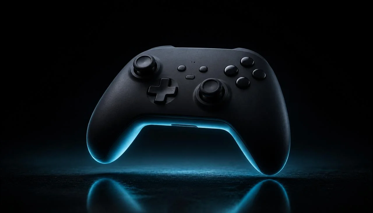A game controller floating against a cyan glow