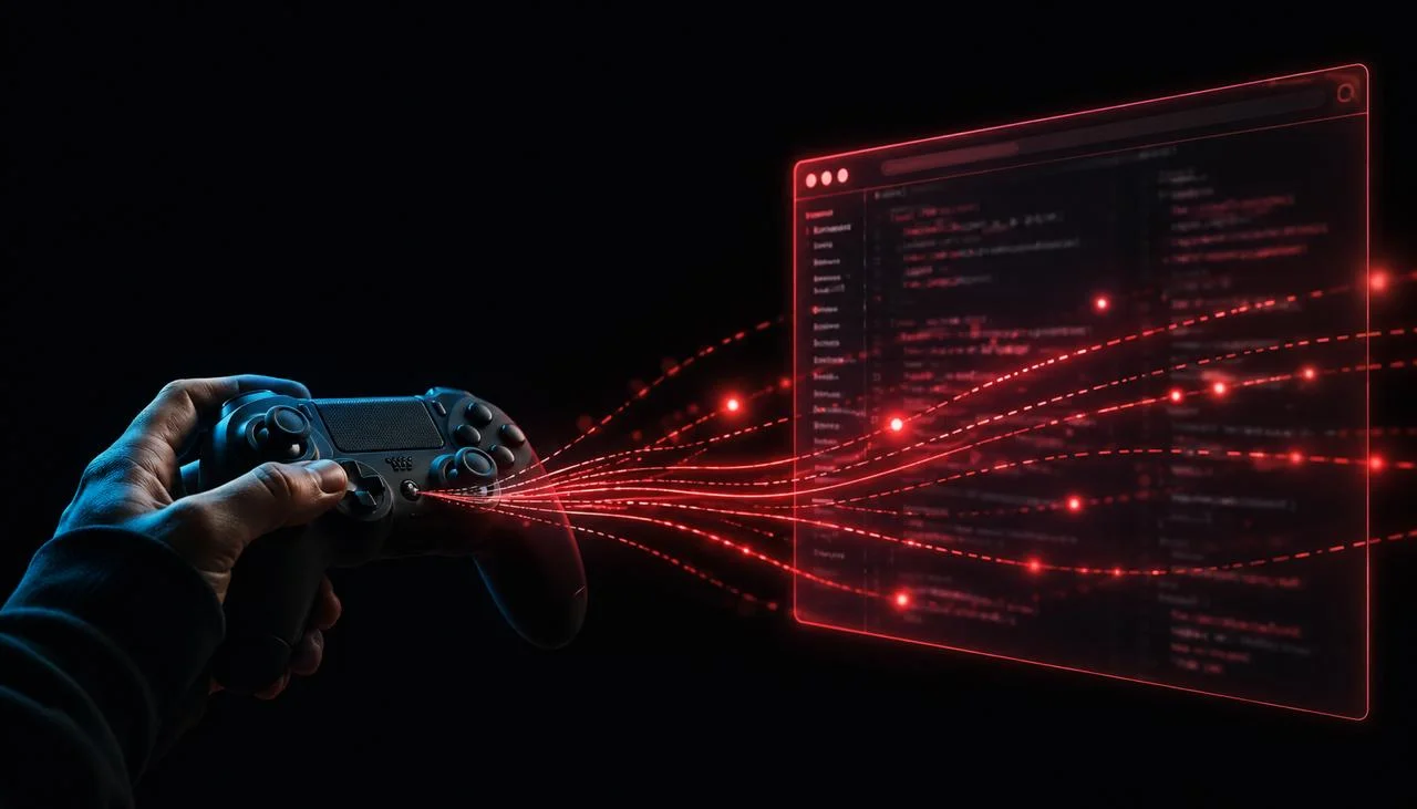 Holographic projection of a game controller showing decoded HID device data and raw vendor-product identifiers above a desk
