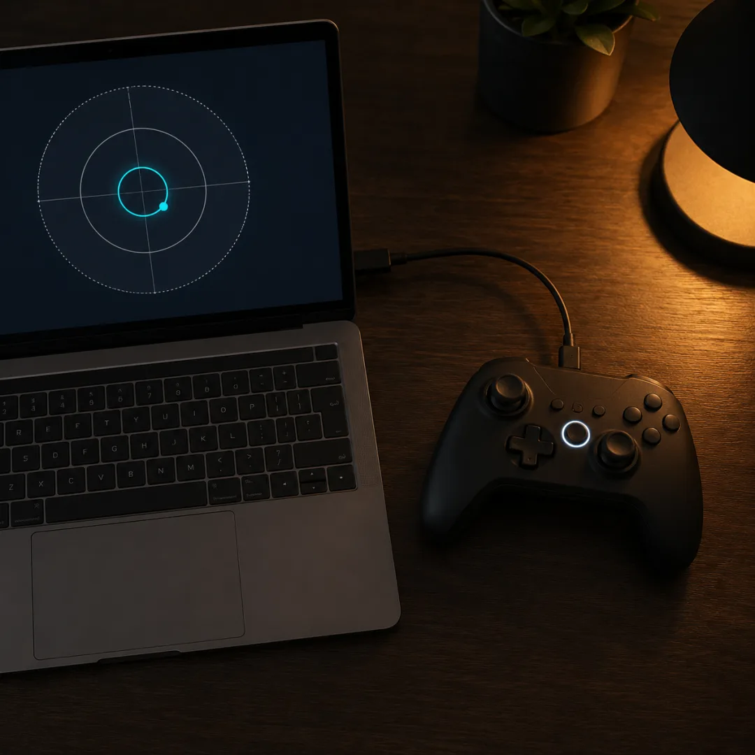 A game controller wired to a laptop that shows a live stick-position readout, the setup used to read a controller's resting deadzone value in a browser