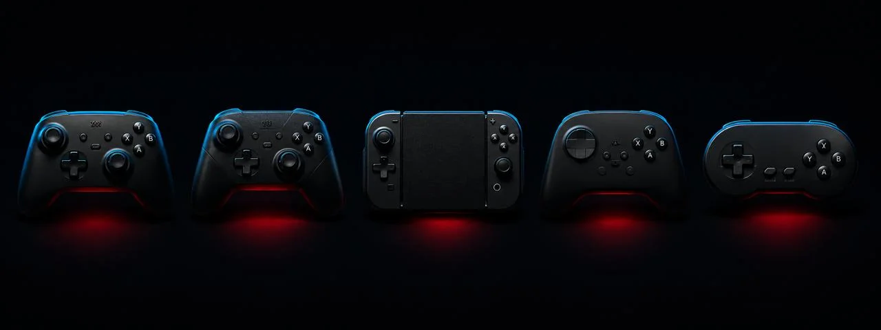 A lineup of game controllers on a dark surface