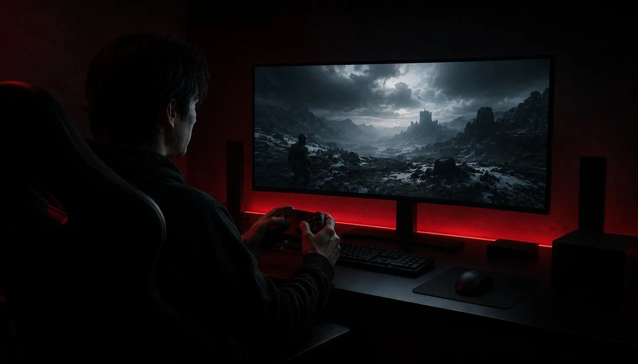 A gaming desk lit in red ambient light