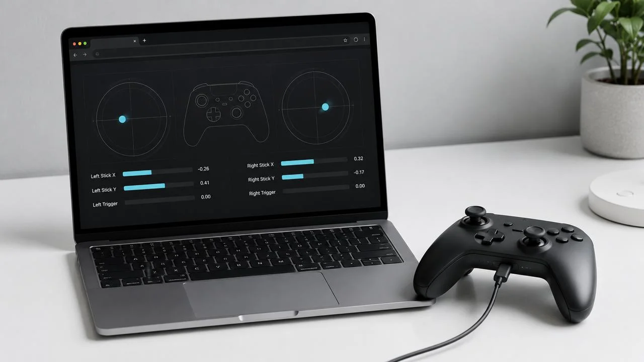 A controller connected by cable to a laptop running JoyCheck