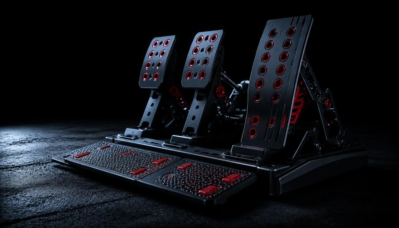 Logitech sim-racing pedal unit, throttle brake and clutch, connected to the wheel base