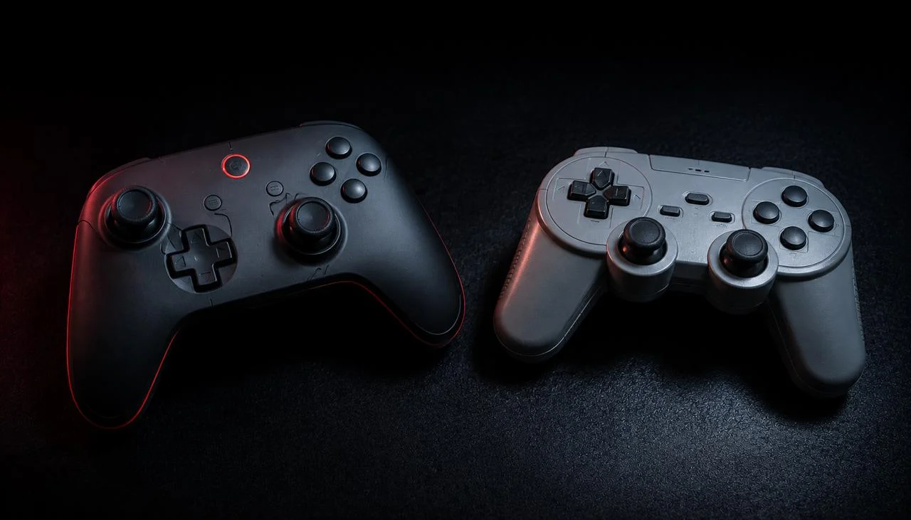 Two game controllers placed side by side for comparison